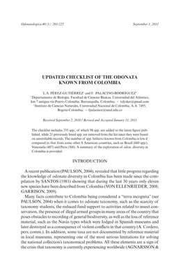 Updated Checklist of the Odonata Known from Colombia