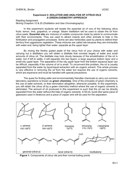 Exp 3 Isolation and Analysis Name ______Of Citrus Oils Due Date for Report in Syllabus