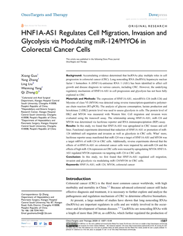 HNF1A-AS1 Regulates Cell Migration, Invasion and Glycolysis Via Modulating Mir-124/MYO6 in Colorectal Cancer Cells