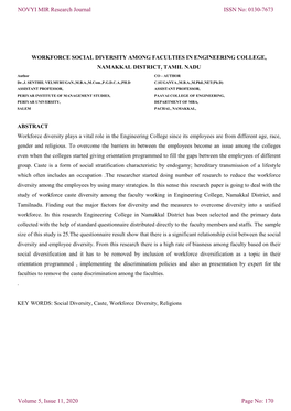 Workforce Social Diversity Among Faculties in Engineering College, Namakkal District, Tamil Nadu