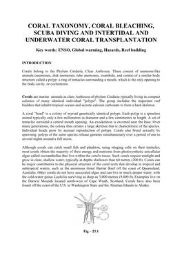 Coral Taxonomy, Coral Bleaching, Scuba Diving and Intertidal and Underwater Coral Transplantation