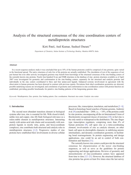 Analysis of the Structural Consensus of the Zinc Coordination Centers of Metalloprotein Structures ⁎ Kirti Patel, Anil Kumar, Susheel Durani