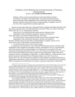 In Defense of Non-Reductionism in the Epistemology of Testimony Timothy Perrine Synthese, DOI: 10.1007/S11229-014-0443-0