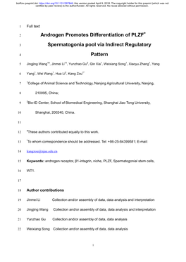 Androgen Promotes Differentiation of PLZF+ Spermatogonia Pool Via