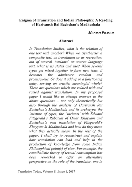 A Reading of Harivansh Rai Bachchan's Madhushala Abstract In