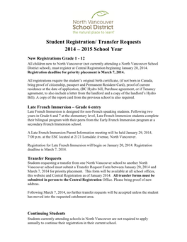 Student Registration/ Transfer Requests 2014 – 2015 School Year