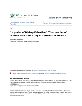 In Praise of Bishop Valentine": the Creation of Modern Valentine's Day in Antebellum America