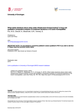 What Makes Decisions About Urban Water Infrastructure Forward Looking? a Fuzzy-Set Qualitative Comparative Analysis of Investmen