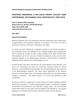 Proposed Hennenman 5 Mw Solar Energy Facility Near Ventersburg, Matjhabeng Local Municipality, Free State