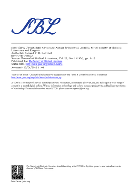 Some Early Jewish Bible Criticism: Annual Presidential Address to the Society of Biblical Literature and Exegesis Author(S): Richard J