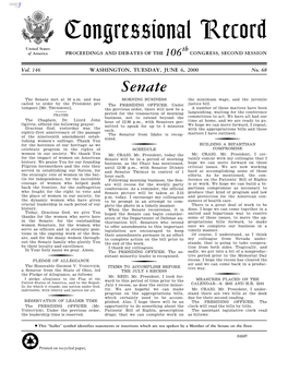 Congressional Record United States Th of America PROCEEDINGS and DEBATES of the 106 CONGRESS, SECOND SESSION