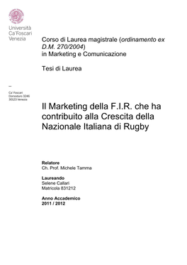 Il Marketing Della F.I.R. Che Ha Contribuito Alla Crescita Della Nazionale Italiana Di Rugby