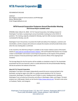 WTB Financial Corporation Postpones Annual Shareholder Meeting 2019 Annual Report Available Online