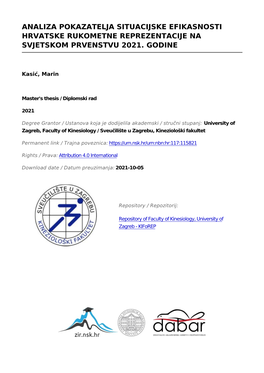 Analiza Pokazatelja Situacijske Efikasnosti Hrvatske Rukometne Reprezentacije Na Svjetskom Prvenstvu 2021. Godine