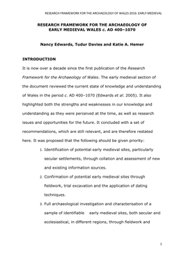 RESEARCH FRAMEWORK for the ARCHAEOLOGY of EARLY MEDIEVAL WALES C