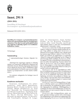 Innst. 291 S (2010–2011) Innstilling Til Stortinget Fra Transport- Og Kommunikasjonskomiteen