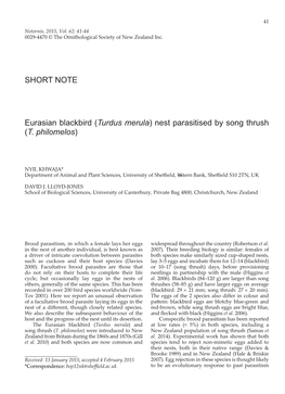 Eurasian Blackbird (Turdus Merula) Nest Parasitised by Song Thrush (T. Philomelos) SHORT NOTE