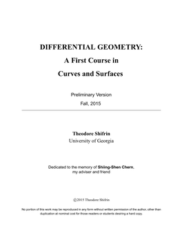 DIFFERENTIAL GEOMETRY: a First Course in Curves and Surfaces