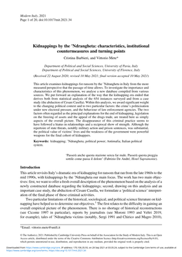 Kidnappings by the 'Ndrangheta: Characteristics, Institutional