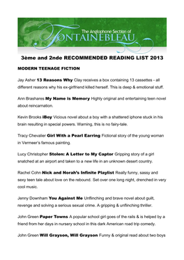 3Ème and 2Nde RECOMMENDED READING LIST 2013