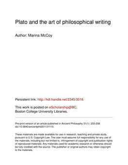 Plato and the Art of Philosophical Writing