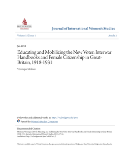 Educating and Mobilizing the New Voter: Interwar Handbooks and Female Citizenship in Great- Britain, 1918-1931 Véronique Molinari