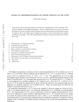 Arxiv:1404.0861V1 [Math.RT] 3 Apr 2014 St Td the Study to Is Rbe Foei Neetdi Opeecaatrinformat Character Complete in Interested Understood