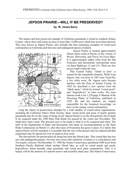 JEPSON PRAIRIE—WILL IT BE PRESERVED? by W