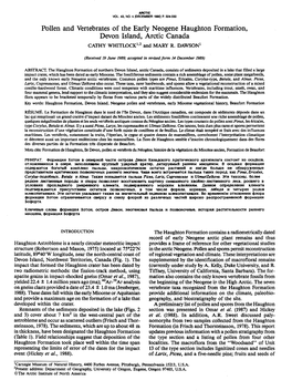 Pollen and Vertebrates of the Early Neogene Haughton Formation, Devon Island, Arctic Canada CATHY WHITLOCK’12 and MARY R