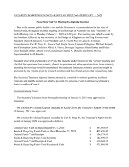 Nazareth Borough Council--Regular Meeting--February 1, 2021