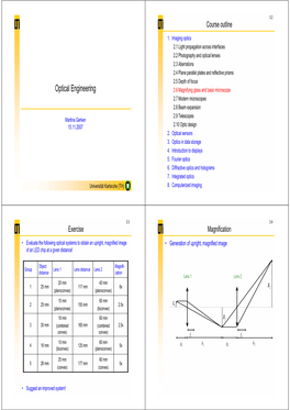Optical Engineering 2.6 Magnifying Glass and Basic Microscope 2.7 Modern Microscopes 2.8 Beam Expansion 2.9 Telescopes Martina Gerken 15.11.2007 2.10 Optic Design 2