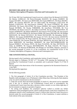 DECISION 2001-449 DC of 4 JULY 2001 Voluntary Interruption of Pregnancy (Abortion) and Contraception Act