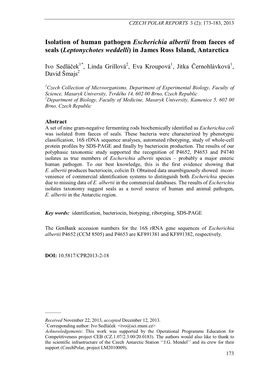 Isolation of Human Pathogen Escherichia Albertii from Faeces of Seals (Leptonychotes Weddelli) in James Ross Island, Antarctica