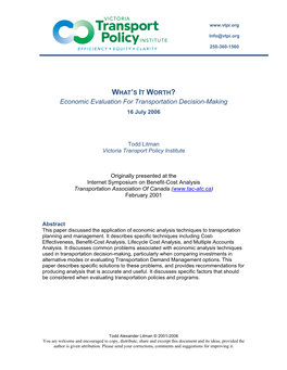 Economic Evaluation for Transportation Decision-Making 16 July 2006