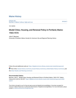 Model Cities, Housing, and Renewal Policy in Portland, Maine: 1965-1974