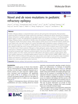Novel and De Novo Mutations in Pediatric Refractory Epilepsy Jing Liu1,2, Lili Tong1,2, Shuangshuang Song3, Yue Niu1,2, Jun Li1,2, Xiu Wu1,2, Jie Zhang4, Clement C