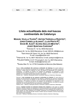 Llista Actualitzada Dels Mol·Luscos Continentals De Catalunya