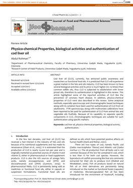 Physico-Chemical Properties, Biological Activities and Authentication of Cod Liver Oil