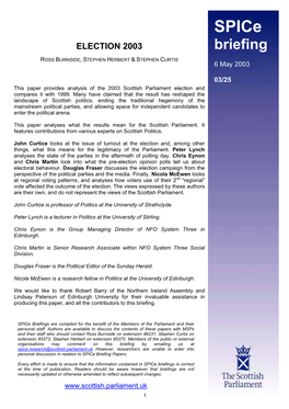 Spice Briefing 03/25 2003 Scottish Parliament Election Results