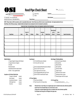 Reed Pipe Check Sheet Date:____/____/____ Quote Only Customer:______TOTAL PIPE ORGAN RESOURCES Order P.O