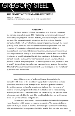 THE DUALITY of the PARASITE-HOST NEXUS Biology 498WI: Critical Analysis of Biological Issues with Dr