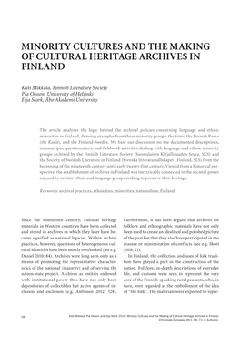 Minority Cultures and the Making of Cultural Heritage Archives in Finland