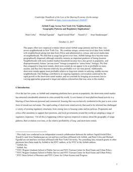 Airbnb Usage Across New York City Neighborhoods: ​ ​ ​ ​ ​ ​ ​ ​ ​ ​ ​ ​ Geographic Patterns and Regulatory Implications1 ​ ​ ​ ​ ​ ​ ​ ​