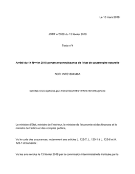 Le 10 Mars 2018 JORF N°0038 Du 15 Février 2018 Texte N°4 Arrêté Du 14