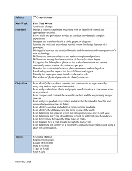 Subject 7Th Grade Science Nine Week First Nine Weeks *Subject To