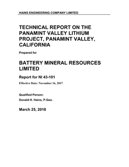 Hains Tech Report for Lithium Project