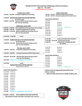 Weathertech® International Challenge with Brian Redman July 15 – 18, 2021 Final Schedule (7/12/2021)