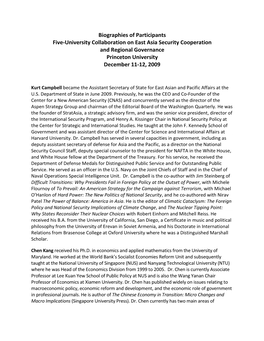 Biographies of Participants Five-University Collaboration on East Asia Security Cooperation and Regional Governance Princeton University December 11-12, 2009