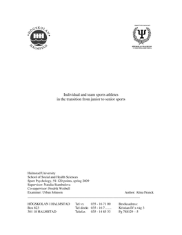 Individual and Team Sports Athletes in the Transition from Junior to Senior Sports
