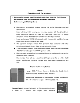 Unit- III Flash Memory & Cache Memory